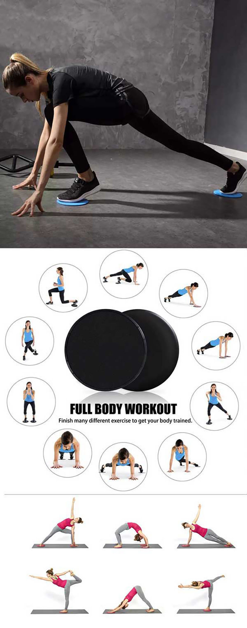 Bộ 2 đĩa trượt tập Yogacó thể sử dụng để tập luyện rất nhiều bài tập khác nhau như: Plank, Work-out... giúp cơ thể săn chắc hơn.